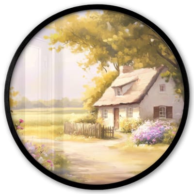 Poster in lijst Rond - Fotolijst 40x40 cm - Posters - Huisje - Hout - Bloemen - Ronde posterlijst zwart - Decoratie - Wanddecoratie woonkamer - Muurdecoratie slaapkamer