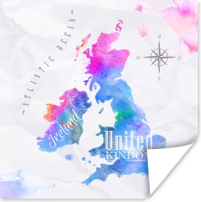 Poster 30x30 cm - Wereldkaart - Engeland - Olieverf - Posters - Kamer decoratie - Wanddecoratie woonkamer - Muurdecoratie slaapkamer