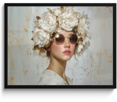 Poster in lijst - Fotolijst 80x60 cm - Posters - Schilderij - Vrouw - Zonnebril - Bloemenkrans - Posterlijst zwart - Decoratie - Wanddecoratie woonkamer - Muurdecoratie slaapkamer