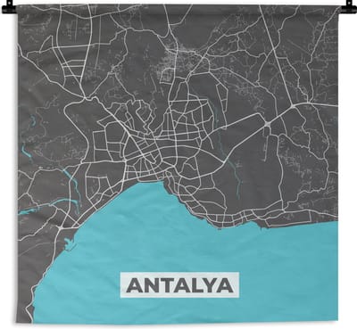 Wandkleed - Wanddoek - Antalya - Stadskaart - Plattegrond - Blauw - Kaart - 180x180 cm - Wandtapijt