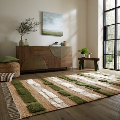 Flycarpets Laagpolig Medina Blocks Jute Vloerkleed Naturel / Groen 160x230 cm