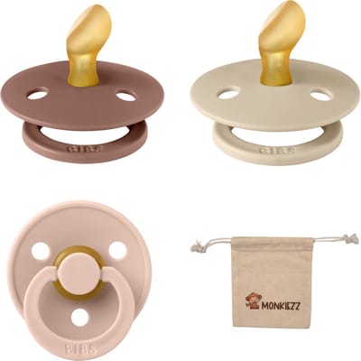 Bibs Dental fopspenen Anatomical 0-6 maanden- Set 3 stuks- Blush, Woodchuck, Vanilla- + Monkiezz speenzakje - orthodontisch- Anatomisch- Maat 1
