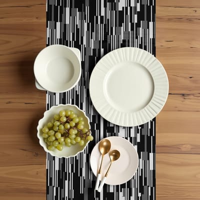ABAKUHAUS zwart-wit tafelloper, abstracte lijnen, eetkamerkeuken rechthoekige decoratieve tafelloper, 40 x 180 cm, zwart witgrijs