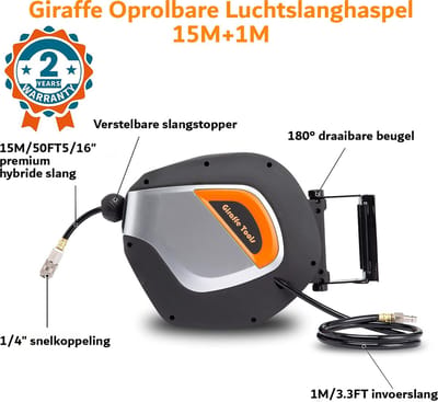 Luchtslanghaspel- Intrekbaar-15 meter - 180°- Draaibaar met beugel