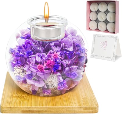 Queltrix Eeuwige bloem in glas & geurkaarsenset, geconserveerde bloemen, romantisch cadeau, geschenkdoos met 18 kaarsen, cadeauset voor Moederdag, verjaardag, jubileum, Kerstmis (paars)