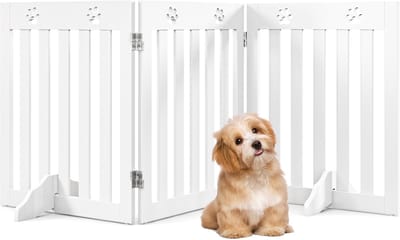 COSTWAY Afsluitrooster voor honden, beschermingsrooster, hout, inklapbaar, traphek, 60 cm hoog, hondenafsluitrooster, flexibel, deurbeschermingshek, 3 panelen, wit