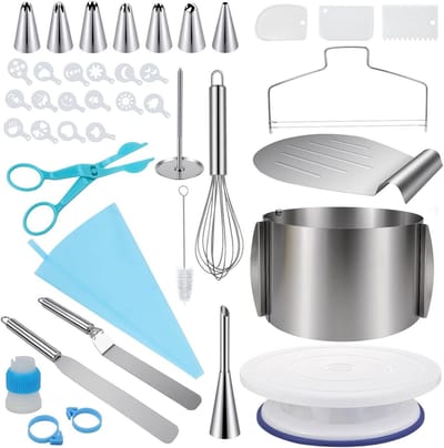 Complete 40-delige set voor het decoreren van taarten - verstelbare taartring 15 cm, draaiplateau, taartsnijder, eierklopper, taartserver, deegschraper en spuitmondjes voor perfecte creaties