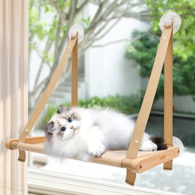 carmdering - Katten Raamhangmat - Katten Vensterbed - Hangende Kattenligplaats - Draagvermogen Tot 20 Kg - Wasbare Stof Zitting - Natuurlijk Niet-Toxisch Hout - Sterke Zuignappen Voor Glas - Compact Opvouwbaar Ontwerp - Veilig Voor Actieve Katten