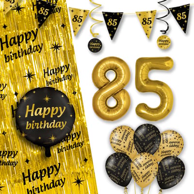 LUQ – All-Out Glam Set 85 Jaar – Zwart-Goud Verjaardag Decor – Luxe Feestpakket Ballonnen-Slingers-Vlaggenlijn-Gordijn