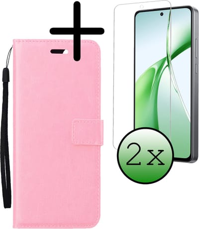 Hoesje Met 2x Screenprotector - Geschikt voor OnePlus Nord CE4 - Luxe Pasjeshouder - Bookcase Portemonee - Flip Case - Kunstleer Book Case - Flipcase Hoes - Book Cover - Walletcase - Portemonneehoes - Lichtroze