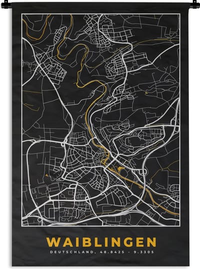 Wandkleed - Wanddoek - Black and Gold – Stadskaart – Waiblingen – Duitsland – Plattegrond – Kaart - 120x180 cm - Wandtapijt
