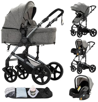 Brandistry - 3 in 1 kinderwagen - Kinderwagen - Maxi Cosi - Wandelwagen - Lichtgewicht - Inklapbaar -Incl. Regenhoes - Grijs