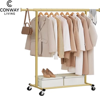 Conway Living® - Kledingrek op Wieltjes - Heavy Duty Verrijdbaar Kledingrek - 92-132 x 162 cm- Verstelbare kledingstang - Uitschuifbare Kledingstang - Verstelbare Hangstang - Stabiel tot 110 kg - Goud
