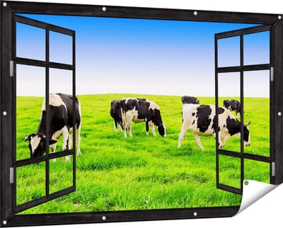 Gards Tuinposter Doorkijk Kudde Koeien in de Wei - Hemel Blauwe Lucht - 150x100 cm - Tuindoek - Tuindecoratie - Wanddecoratie buiten - Tuinschilderij