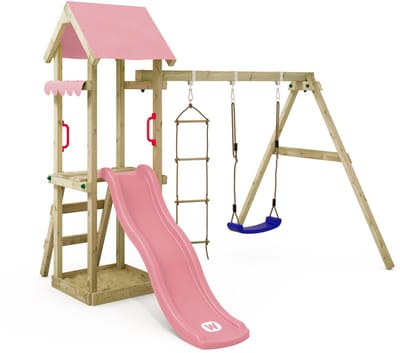 Wickey TinyCabin Speeltoestel - Schommel en Touwladder met Glijbaan - Dakzeil & Zandbak - 260x273x220 cm - Pastelroze