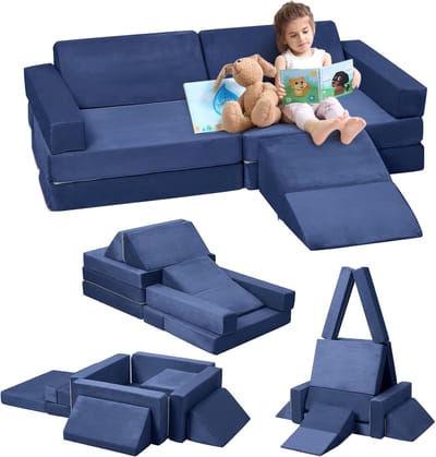 12-Delige Modulaire Speelbank voor Kinderen - Opvouwbare Kinderbank met Schuimblokken - Speelkussen Set - Zachte & Wasbare Hoes - Multi-Stijl - Blauw