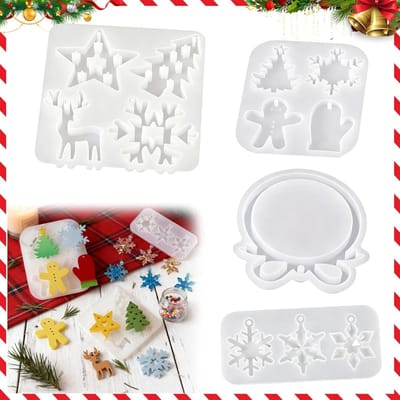Set van 4 Siliconen Mallen voor Kerstmis - 12 Motieven zoals Ster, Rendier, Kerstboom, Sneeuwvlok, Handschoen en Peperkoekman - Voedselveilige Mallen voor DIY, Bakken en Harswerken