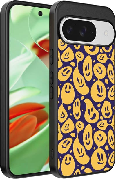 Geschikt voor Google Pixel 9 Pro Telefoonhoesje met smiley opdruk - TPU backcover case emoji design - Paars Geel - Smartphonica geschikt voor Google Pixel 9 Pro