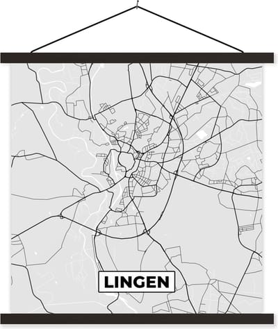 Posterhanger incl. Poster 60x60 cm - Schoolplaat - Plattegrond - Duitsland - Lingen - Kaart - Stadskaart - Textielposter - Zwarte latten - Stadskaart