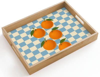 Dienblad hout 40x30 cm - Schootdienblad - Sinaasappels - Blaadjes - Geblokt - Blauw - Borrelplank rechthoek - Plateau dienbladen
