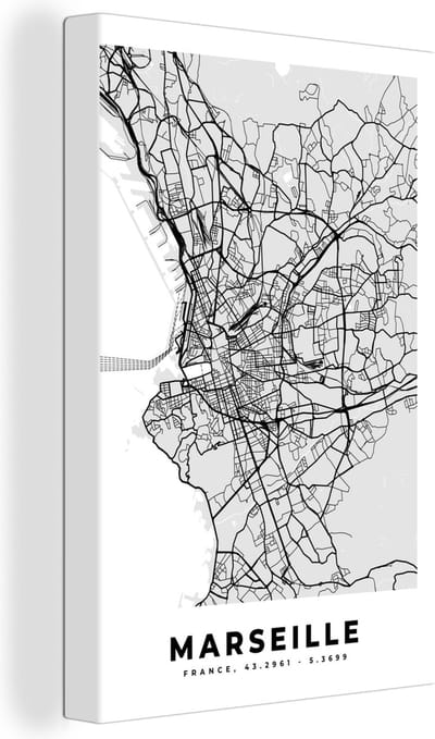Canvas Schilderij Marseille - Plattegrond - Frankrijk - Kaart - Stadskaart - 20x30 cm - Wanddecoratie