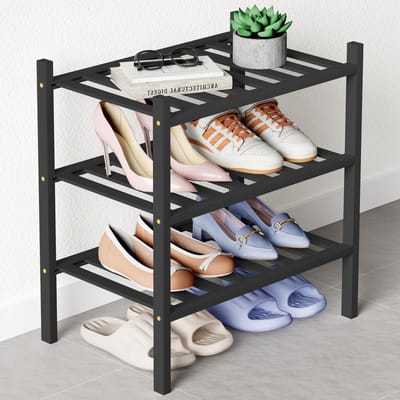Homaxy - Schoenenrek (3 niveaus) - Bamboe Schoenenrek - Voor 12 paar schoenen - 68x28x46.5cm - Zwart