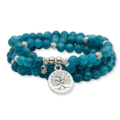 Marama - wikkelarmband Apatite - hanger Tree Of Life - mala armband - edelsteen - blauw - zilver - elastisch - 108 kralen - yoga