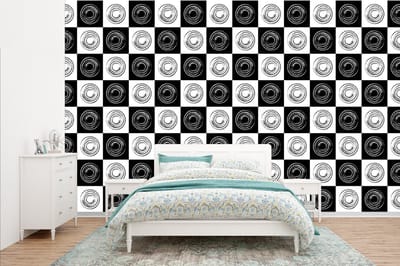 Behang - Fotobehang Patronen - Schaakbord - Zwart Wit - Breedte 385 cm x hoogte 240 cm
