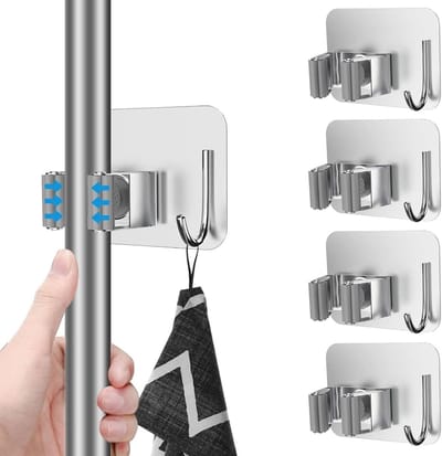 SnelShoppen - Zuvo Mop Houder Wandgemonteerd (4 Stuks) - RVS Broom Organizer voor Badkamer, Keuken, Kast, Garage, Tuin - Duurzame Oplossing voor Opsla