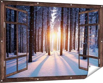 Gards Tuinposter Doorkijk Bos met Sneeuw tijdens de Zonsondergang - 150x100 cm - Tuindoek - Tuindecoratie - Wanddecoratie buiten - Tuinschilderij