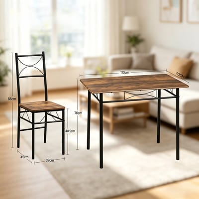 OKWISH Eethoek 110 x 76 x 70 cm - Set Met Tafel En 4 Stoelen - Ruimtebesparend Voor Eetkamer Balkon Of Bistro - MDF En IJzer - Rustiek Bruin