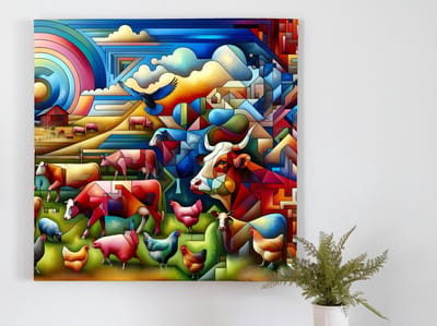 Modern vee schilderij | Hedendaagse herding: een artistieke verbeelding van moderne veeteelt | Kunst - 75x75 centimeter op Forex | Foto op Forex