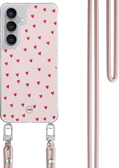 Telefoonhoesje met koord geschikt voor Samsung S25 FE - Cute hearts - Inclusief Rosegoud koord - Transparant, Roze - Print - Crossbody beschermhoes - Met Telefoonketting