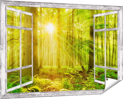 Gards Tuinposter Doorkijk Groen Bos met Schijnende Zonnestralen - 150x100 cm - Tuindoek - Tuindecoratie - Wanddecoratie buiten - Tuinschilderij