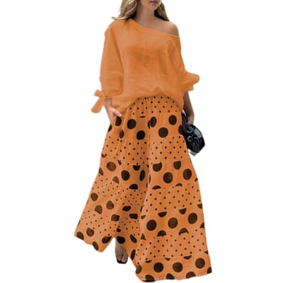 2 stuks/set dames T-shirt broekset schuine hals één schouder lange mouwen strik manchet top losse hoge taille wijde pijpen bedrukt lang L oranje