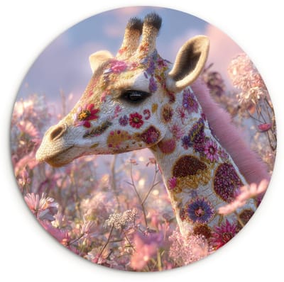 WallCircle® Wandcirkel 120x120 cm - Muurcirkel Giraffe - Bloemen - Roze - Muurdecoratie woonkamer - Wanddecoratie slaapkamer - Kamer decoratie accessoires - Ronde schilderijen XXL