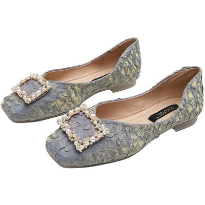 Nieuw Temperament Vierkante Gesp Sneeuwvlok Strass Geperst Geplisseerd Satijn Ondiepe Mond Vierkante Neus Metaal Enkele Schoenen Platte Scoop Schoenen 33 gray