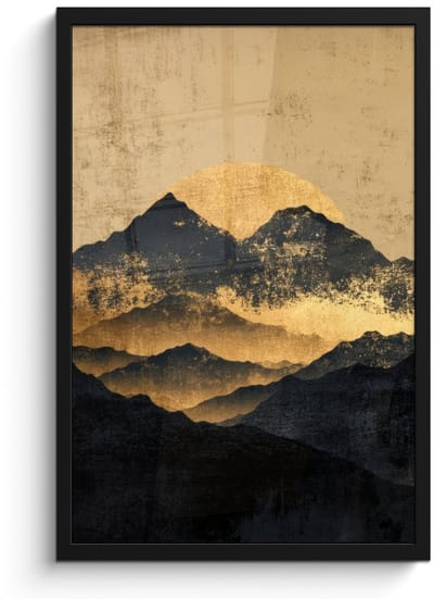 Poster in lijst - Fotolijst 40x60 cm - Posters - Gouden Bergen bij Maanlicht - Posterlijst zwart - Decoratie - Wanddecoratie woonkamer - Muurdecoratie slaapkamer