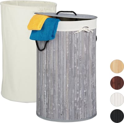 wasmand bamboe - 70 l - opvouwbaar - met deksel en 2 waszakken - Ø 41,5 cm - grijs