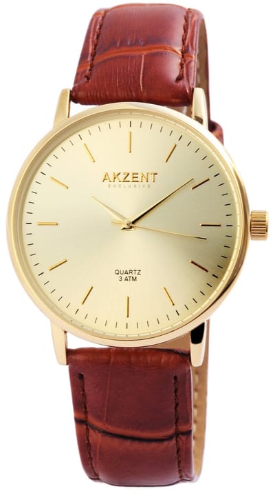 Akzent-Heren horloge-Analoog-Rond-40MM-Goudkleurig-Bruin lederen band.