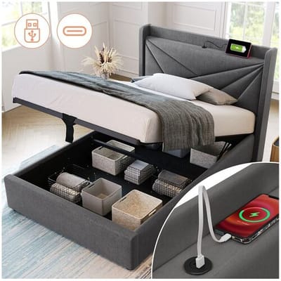 Merax Opbergbed 90 x 200 cm met hoofdeinde - USB + type C - linnen stof - grijs