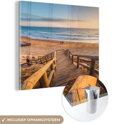 MuchoWow® Glasschilderij 90x90 cm - Schilderij acrylglas - Strand - Trap - Portugal - Foto op glas - Muurdecoratie woonkamer - Wanddecoratie slaapkamer - Schilderijen