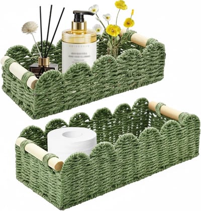 Set van 2 Opbergmanden van Wicker met Houten Handvatten - Organiser voor Keuken, Badkamer en Kantoor, Decoratieve Opbergboxen in Groen