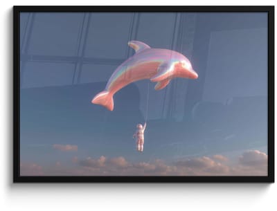 Poster in lijst - Fotolijst 90x60 cm - Posters - Dolfijn - Roze - Astronaut - Posterlijst zwart - Decoratie - Wanddecoratie woonkamer - Muurdecoratie slaapkamer