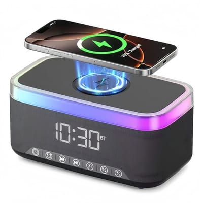 carmdering - Radio Wecker - Digitale Wekkerradio -Slimme Wekker - Digitale Klok Slaapkamer - Wekker voor kinderen & volwassenen - 6-in-1 Bluetooth-luidspreker & 15W Draadloos Oplader - Wit Metaal - FM-radio