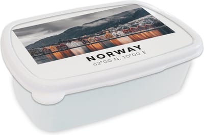 Broodtrommel Wit - Lunchbox - Brooddoos - Noorwegen - Huizen - Meer - 18x12x6 cm - Volwassenen