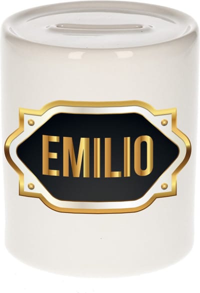 Spaarpot met voornaam Emilio - wit - met goud/zwart embleem - 8 x 9 cm - keramiek - met afsluitdop - cadeau verjaardag