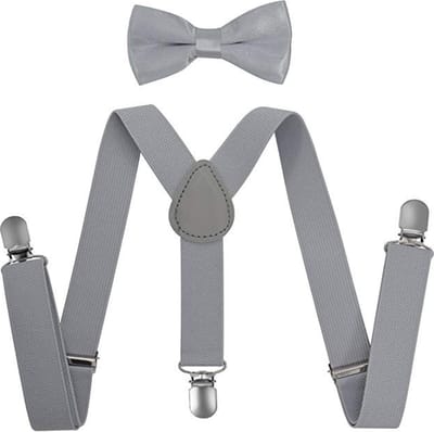 Fako Fashion - Kinder Bretels Met Vlinderstrik - Kinderbretels - Vlinderdas - Strik - 65cm - Grijs
