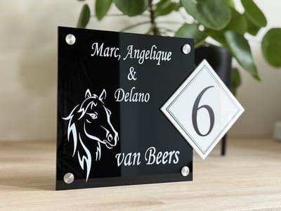 Naambordje / huisnummer voordeur | Paarden hoofd | 20x28cm | Zwart | Huisnummerbord | RVS afstandhouders