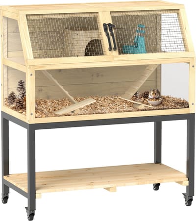 PawHut Zwerghamsterkäfig aus Holz, 87 x 43 x 101 cm Nagerkäfig mit Ablagefläche, Wasserflasche, Hütte, Wippen, Kleintierkäfig mit Rädern, Rampen, Naturholz